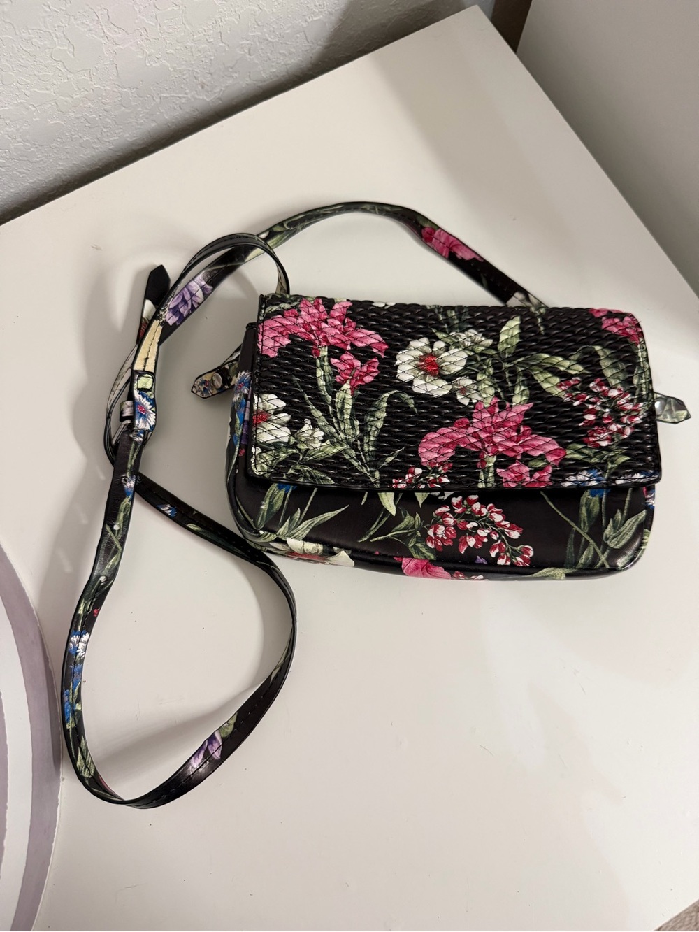 Zara Black Crossbody Bag with Pink and Green Floral Print